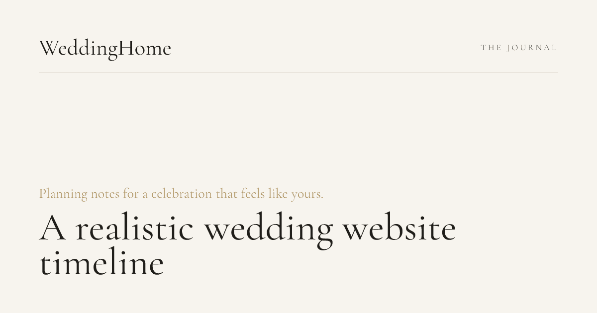 Editorial ivory banner showing a realistic timeline for creating and sharing a wedding website