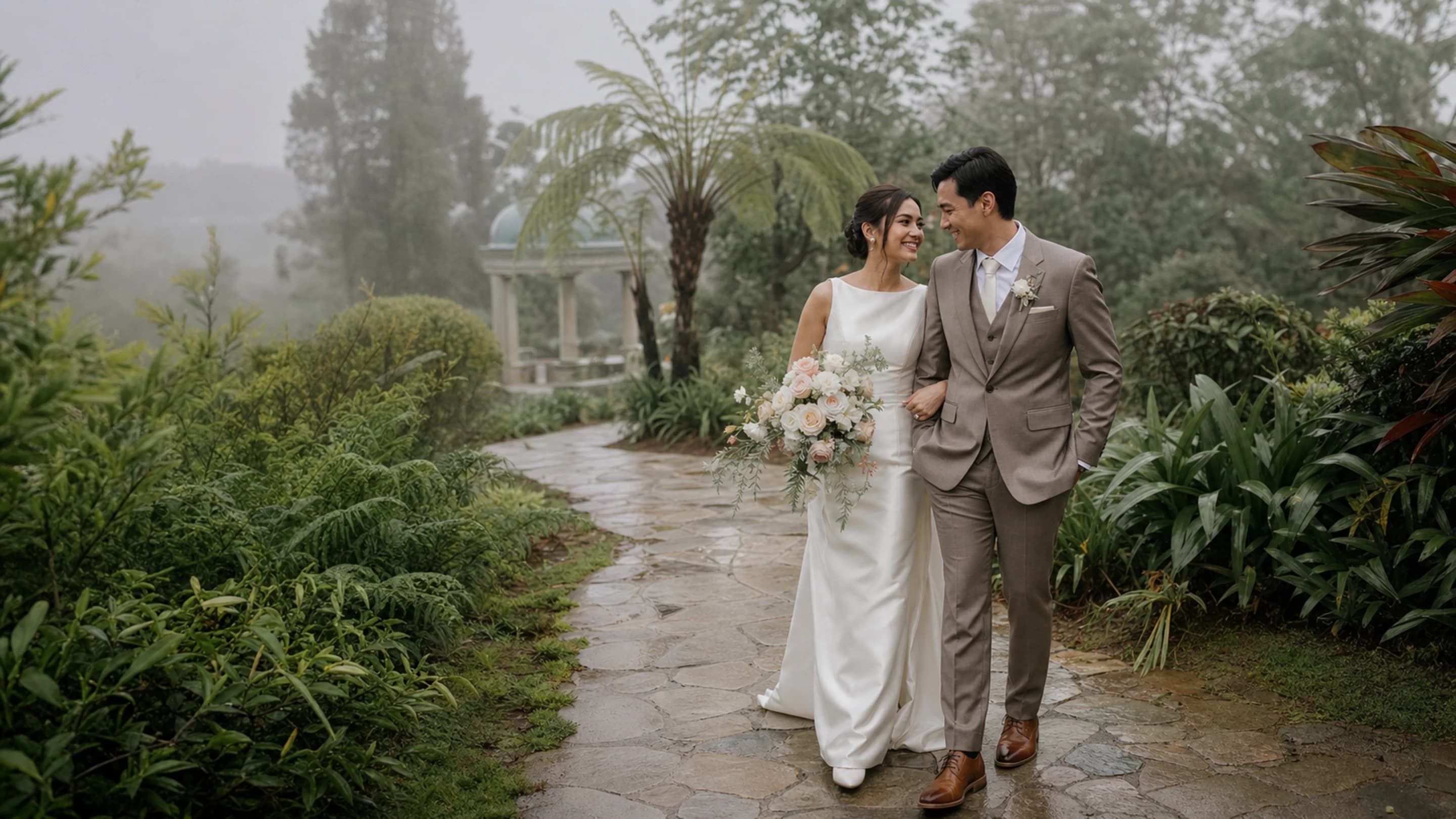 An illustrative wedding couple walking together in a garden