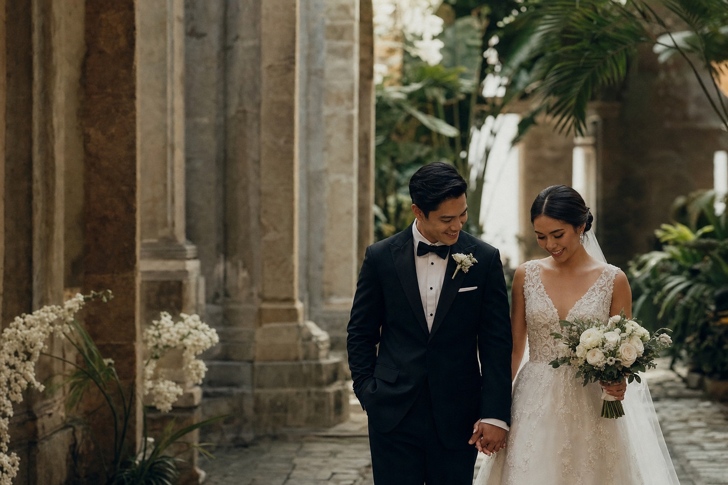 Newlyweds walking together through a heritage garden courtyard