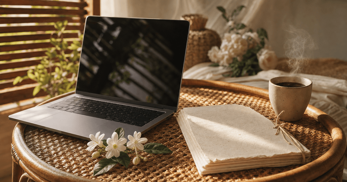 A laptop on a rattan table beside a printed guest list and a cup of barako coffee, soft morning light from a nearby window catching the steam