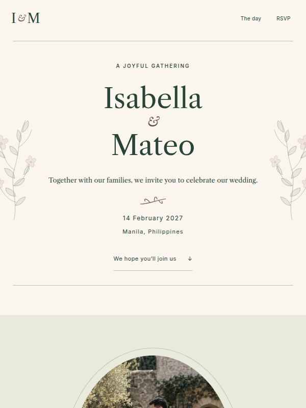 The Jardin design, a wedding website for Isabella and Mateo